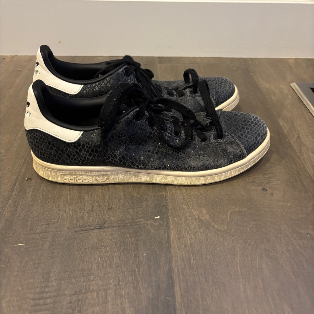 adidas Black Snake-Print Stan Smith Sneakers with White Heel Tab